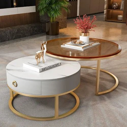 2-in-1 Round Nesting Coffee Table – Marble & Black Glass Top with Gold Metal Frame (D70 & D50cm)