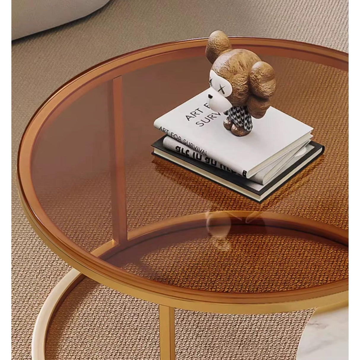 2-in-1 Round Nesting Coffee Table – Marble & Black Glass Top with Gold Metal Frame (D70 & D50cm)