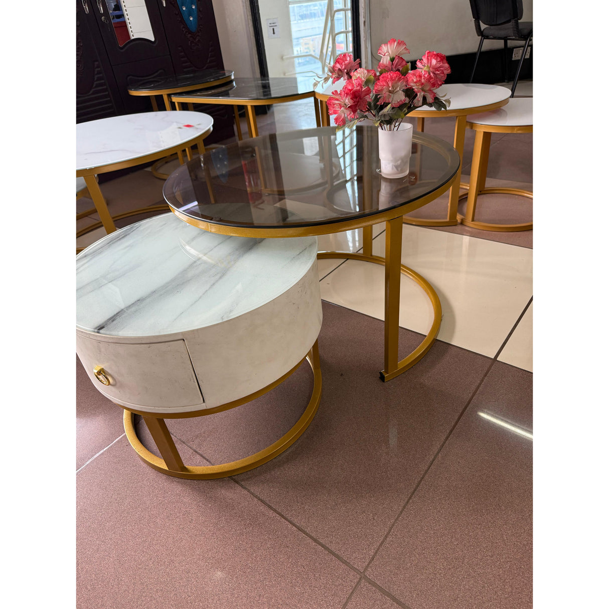 2-in-1 Round Nesting Coffee Table – Marble & Black Glass Top with Gold Metal Frame (D70 & D50cm)