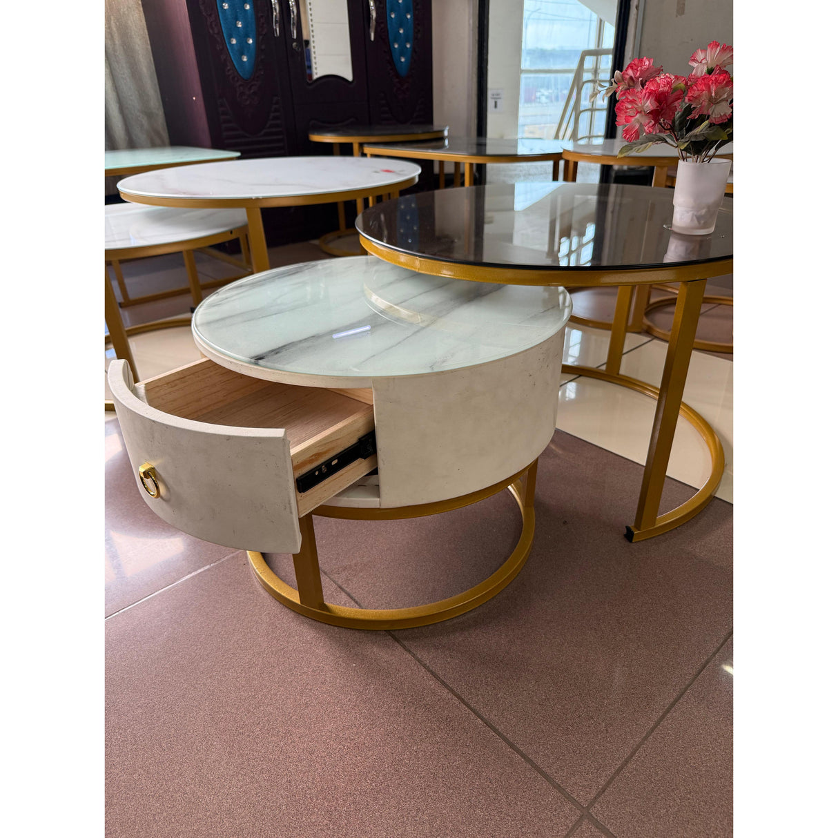 2-in-1 Round Nesting Coffee Table – Marble & Black Glass Top with Gold Metal Frame (D70 & D50cm)