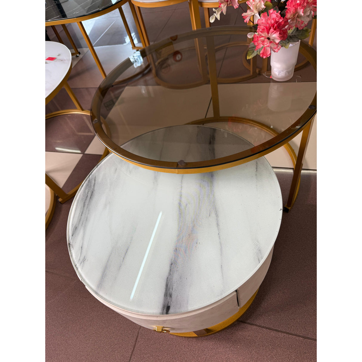 2-in-1 Round Nesting Coffee Table – Marble & Black Glass Top with Gold Metal Frame (D70 & D50cm)