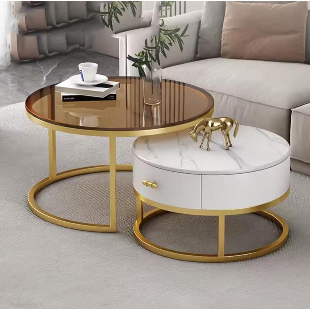 2-in-1 Round Nesting Coffee Table – Marble & Black Glass Top with Gold Metal Frame (D70 & D50cm)