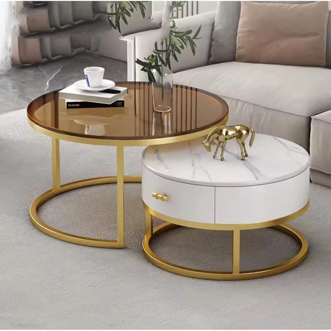 2-in-1 Round Nesting Coffee Table – Marble & Black Glass Top with Gold Metal Frame (D70 & D50cm) Accent table Coffee Tables