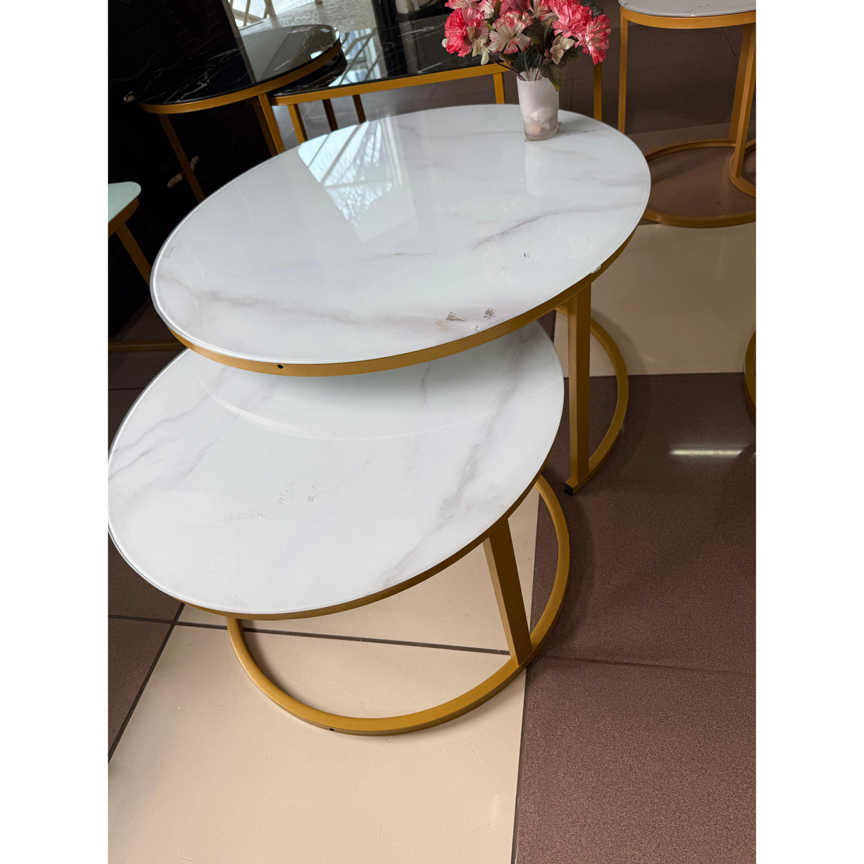 2-in-1 Round Nesting Coffee Table – White Marble Effect Tempered Glass & Gold Metal Frame (D80 & D60cm)