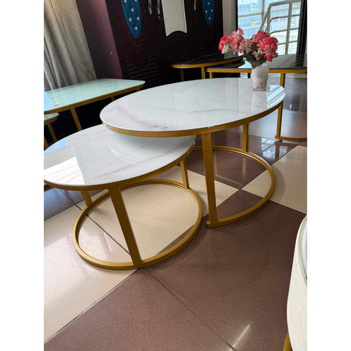 2-in-1 Round Nesting Coffee Table – White Marble Effect Tempered Glass & Gold Metal Frame (D80 & D60cm)