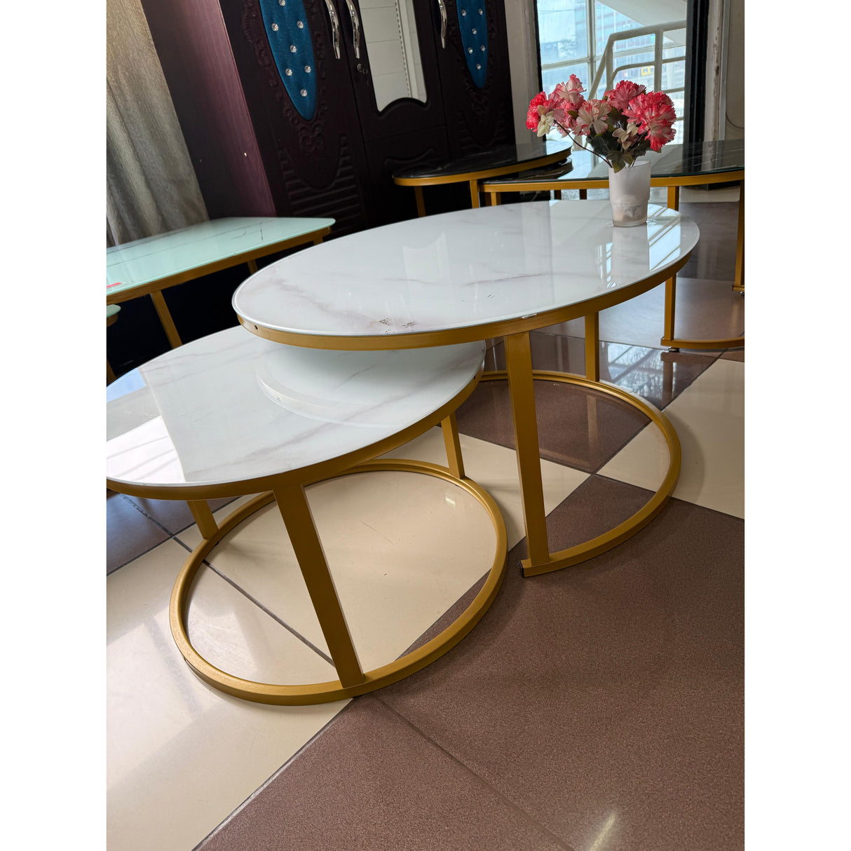 2-in-1 Round Nesting Coffee Table – White Marble Effect Tempered Glass & Gold Metal Frame (D80 & D60cm)