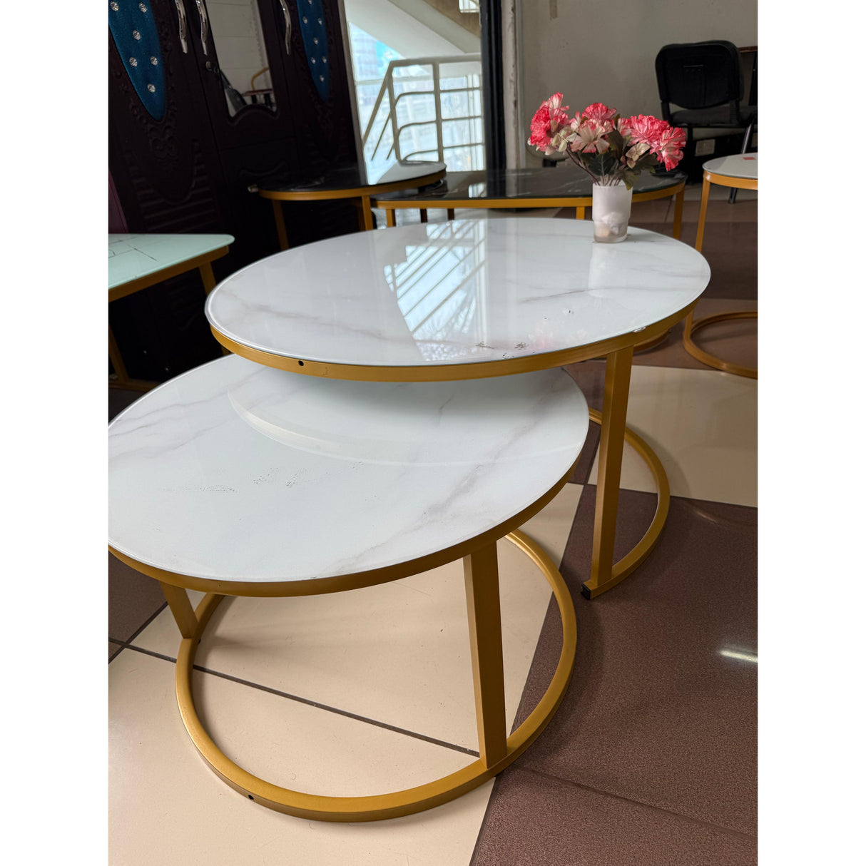 2-in-1 Round Nesting Coffee Table – White Marble Effect Tempered Glass & Gold Metal Frame (D80 & D60cm)