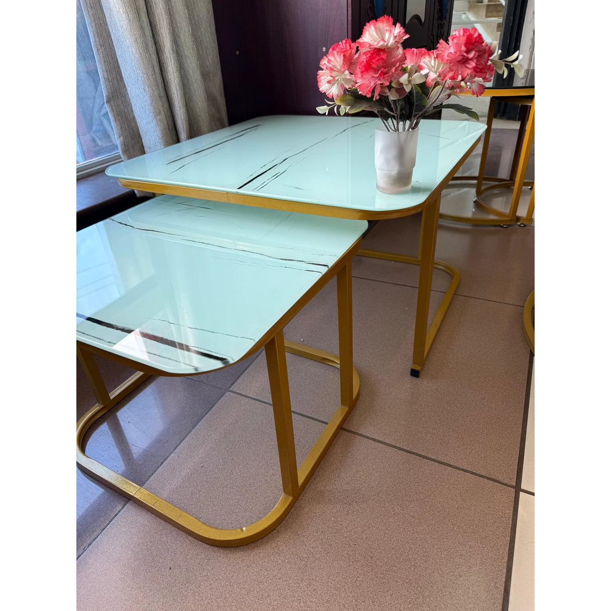 2-in-1 Square Nesting Coffee Table – Marble Effect Tempered Glass Top & Gold Frame (White/Black, 70cm & 50cm) Accent table Coffee Tables