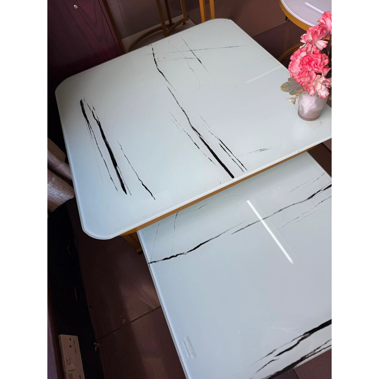 2-in-1 Square Nesting Coffee Table – Marble Effect Tempered Glass Top & Gold Frame (White/Black, 70cm & 50cm) Accent table Coffee Tables