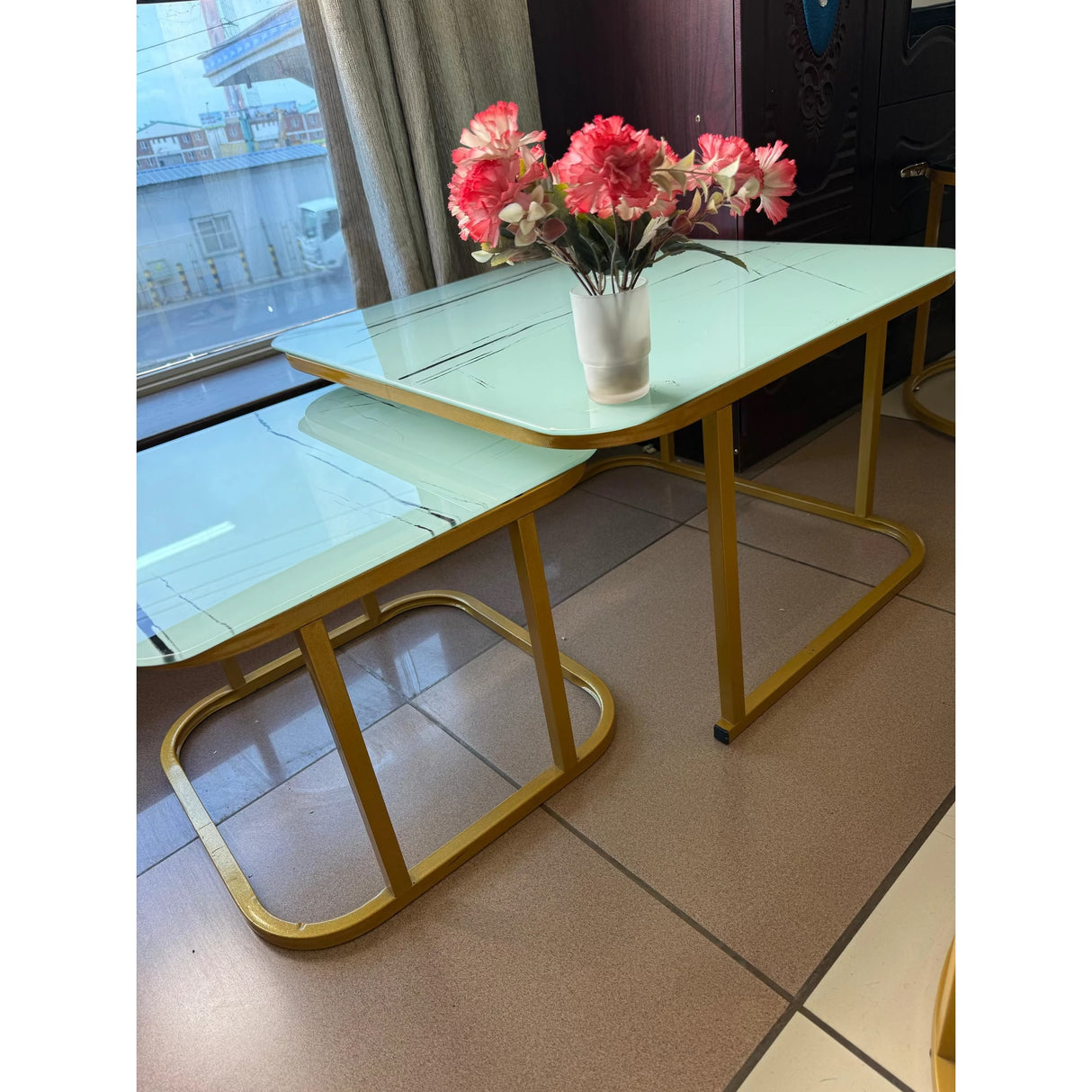 2-in-1 Square Nesting Coffee Table – Marble Effect Tempered Glass Top & Gold Frame (White/Black, 70cm & 50cm) Accent table Coffee Tables