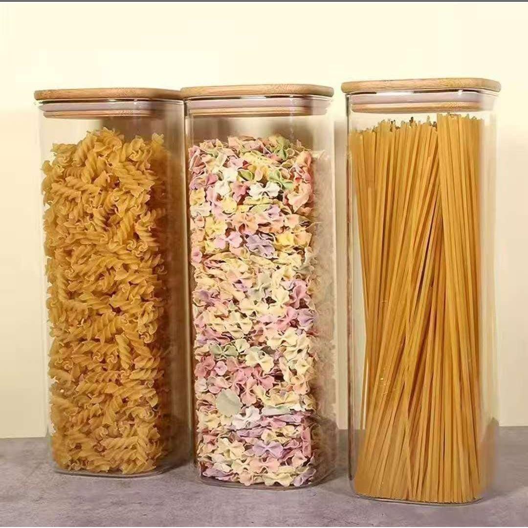 2000ml Rectangular Glass Spaghetti Jar with Bamboo Lid – Airtight Storage