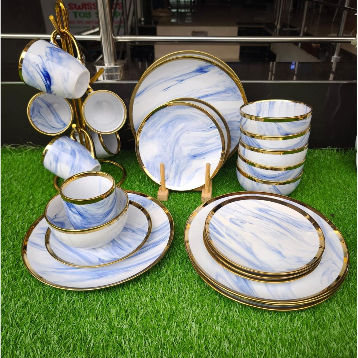 24pcs White Dinner Set with Gold Rim – Plates, Bowls and Mugs