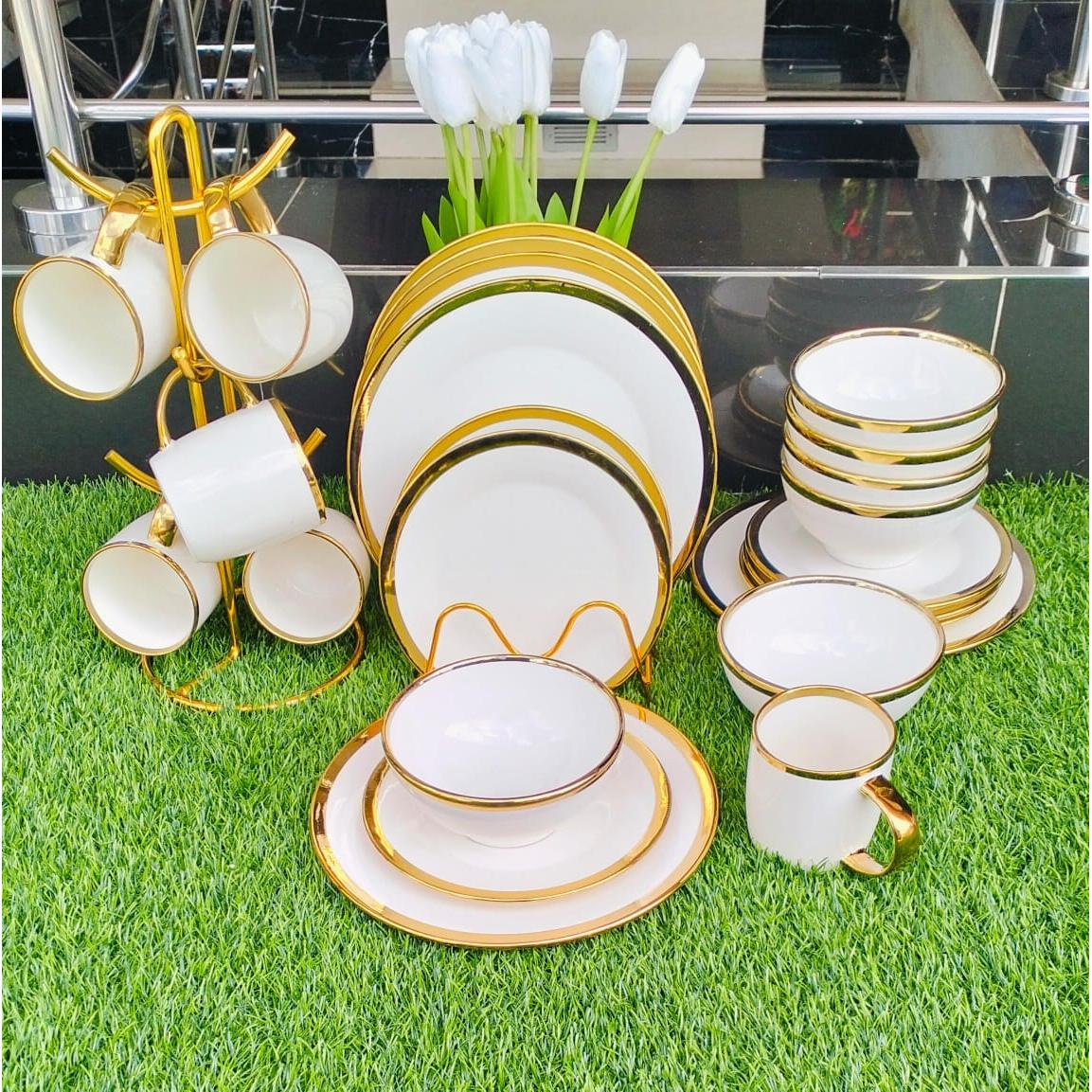 24pcs White Dinner Set with Gold Rim – Plates, Bowls and Mugs