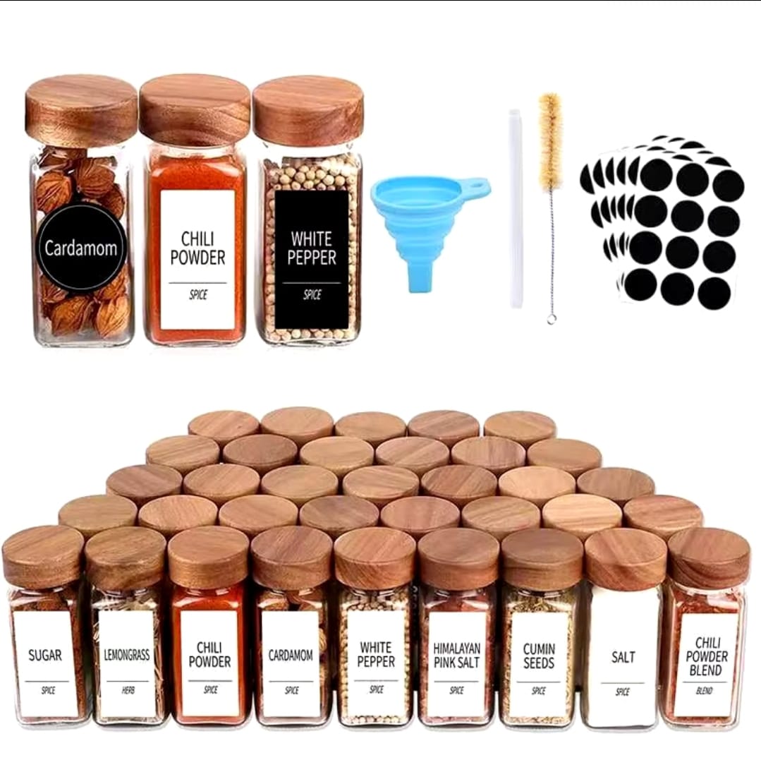 29pcs Glass Storage Jars Set with Bamboo Lids 120ml – Includes Funnel, Labels, Pen & Brush