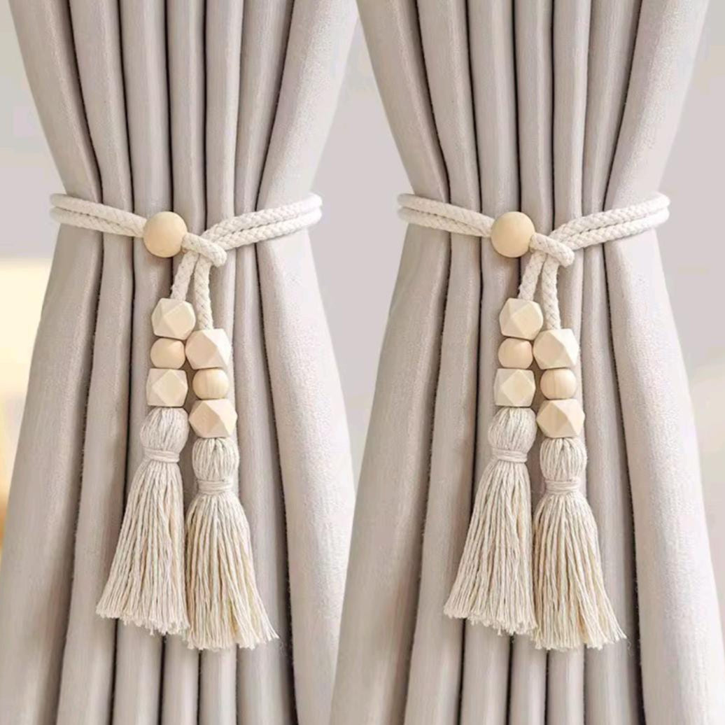 2pcs Nordic Curtain Straps with Wooden Beads and Tassel Rope