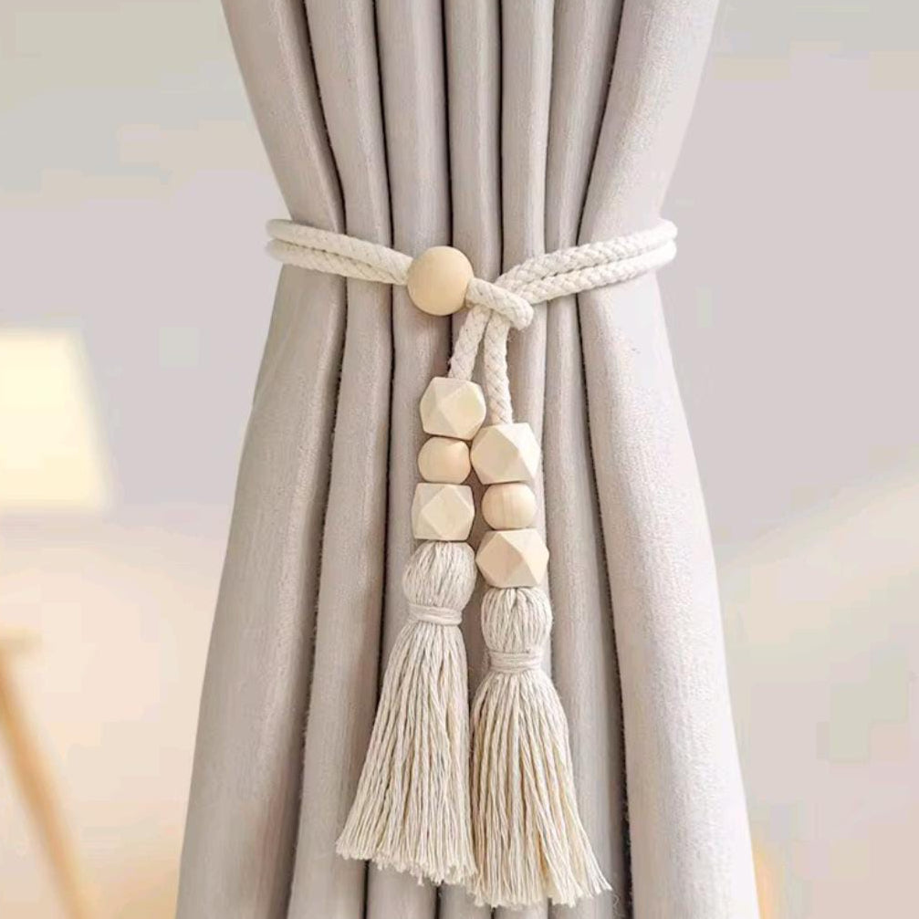 2pcs Nordic Curtain Straps with Wooden Beads and Tassel Rope