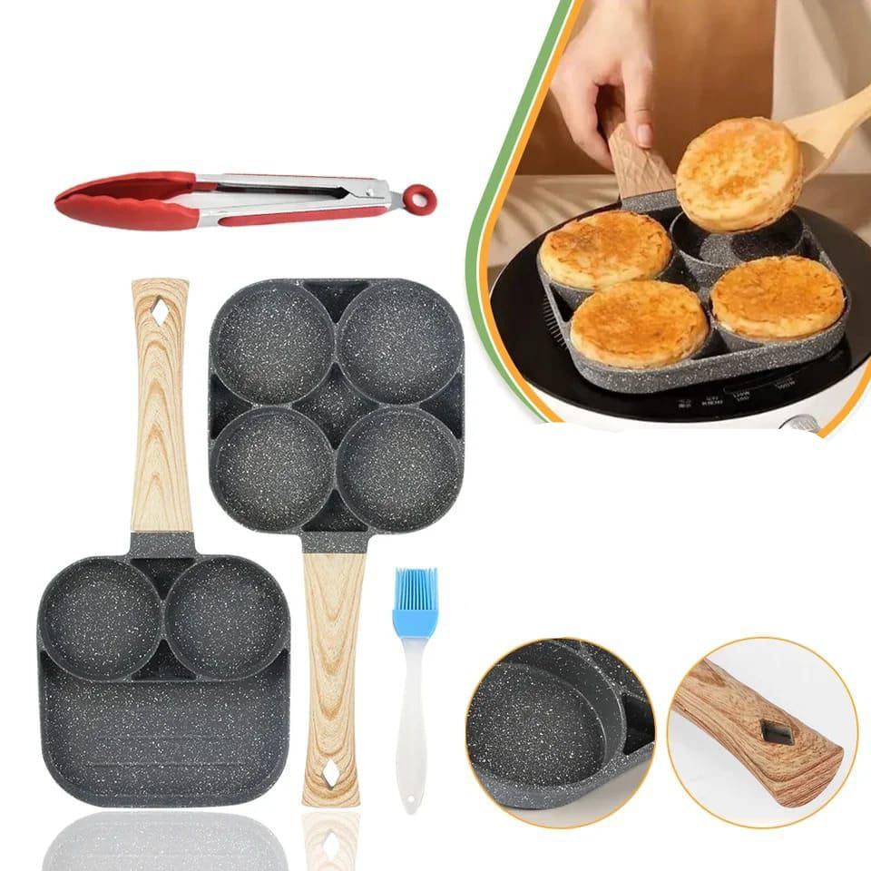 3 & 4 Hole Aluminium Breakfast Pan Nonstick Coating Frying Pan with Anti Scald Handle, Compatible with Gas & Induction Stoves