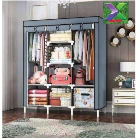 3 Column Wooden Wardrobes | Portable Non Woven Fabric Assemble Wardrobe with Steel Frame | 3 Door Moisture Proof Thickened Bedroom Wardrobe