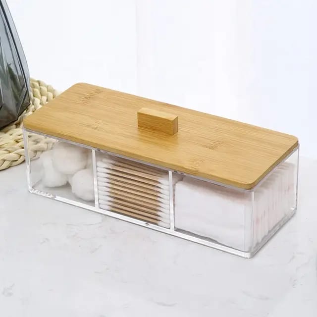 3 Compartment Acrylic Makeup Organizer with Bamboo Lid