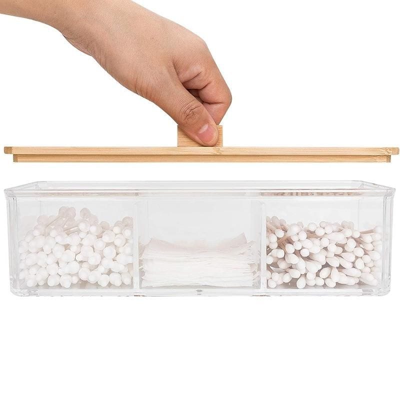 3 Compartment Acrylic Makeup Organizer with Bamboo Lid