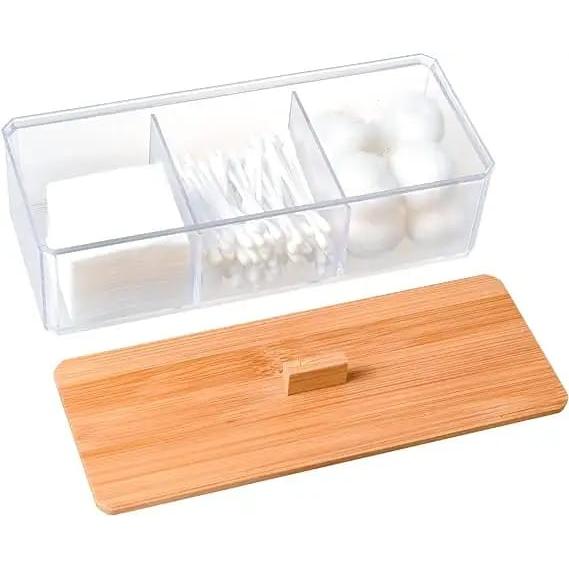 3 Compartment Acrylic Makeup Organizer with Bamboo Lid
