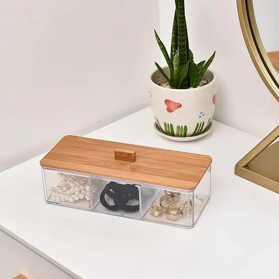 3 Compartment Acrylic Makeup Organizer with Bamboo Lid