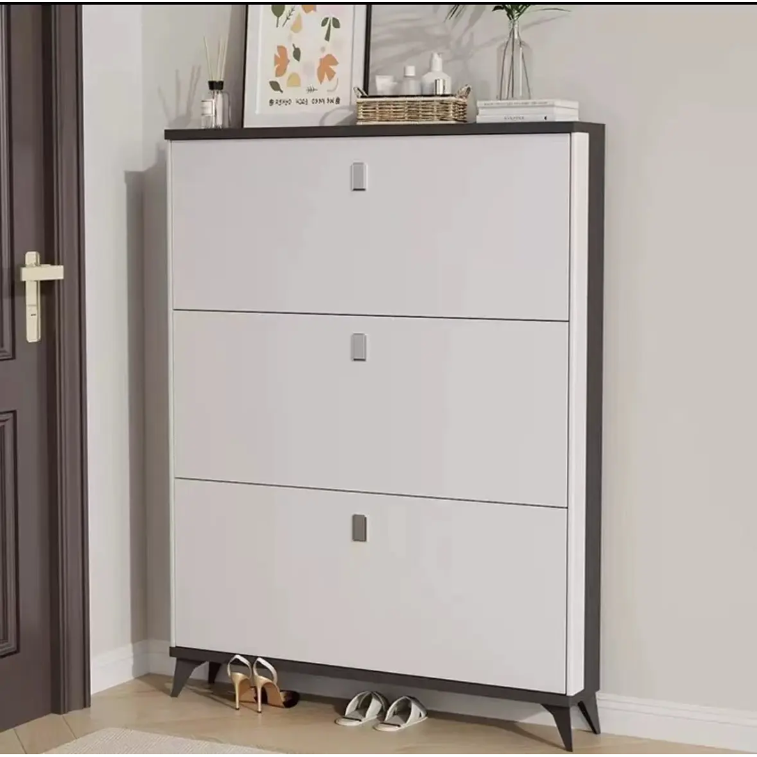 3-Door Modern Shoe Cabinet–Cream Finish with Gold Handles and Fold-Out Storage Design