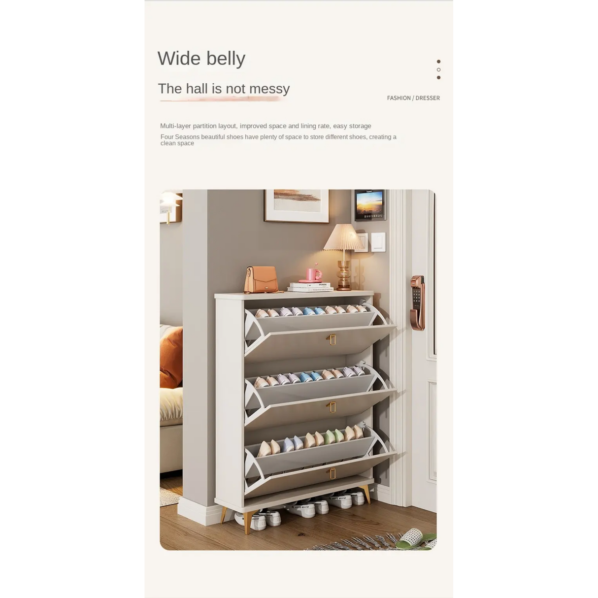 3-Door Modern Shoe Cabinet–Cream Finish with Gold Handles and Fold-Out Storage Design