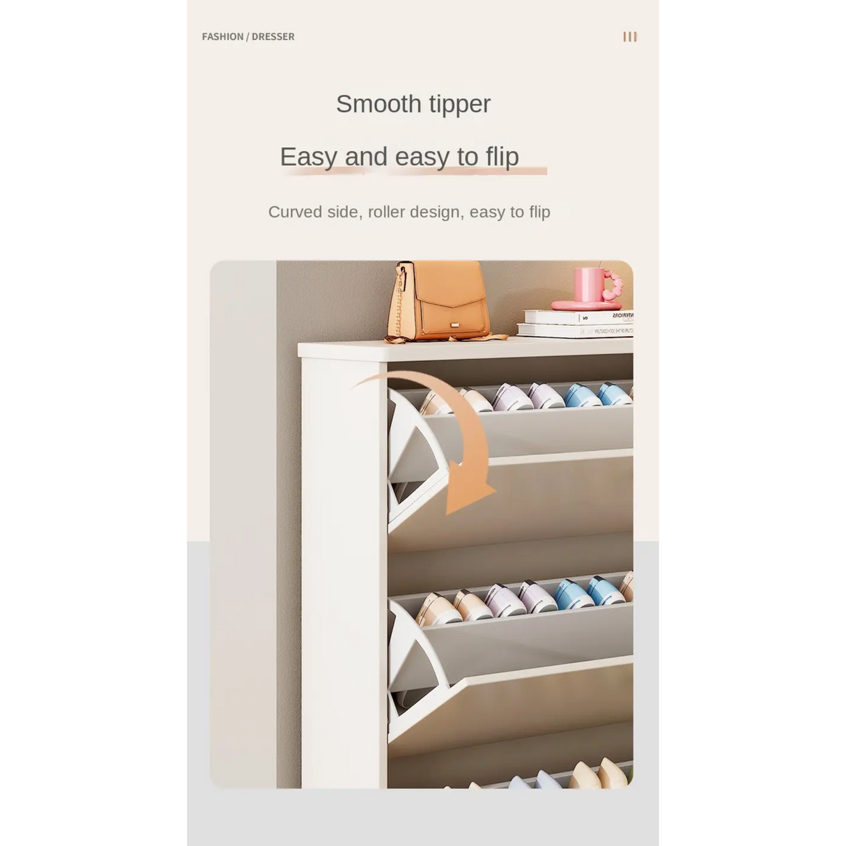 3-Door Modern Shoe Cabinet–Cream Finish with Gold Handles and Fold-Out Storage Design