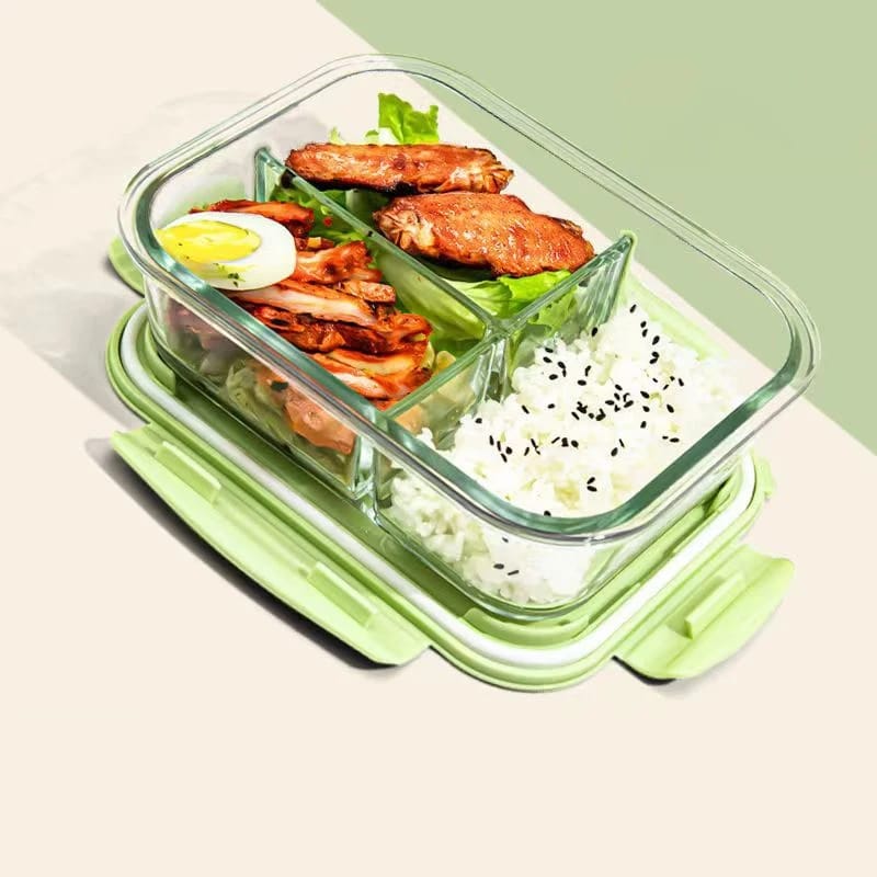 3 Grid Microwave Safe Large Capacity 1400ml Borosilicate Glass Lunch Box