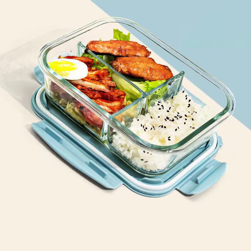 3 Grid Microwave Safe Large Capacity 1400ml Borosilicate Glass Lunch Box