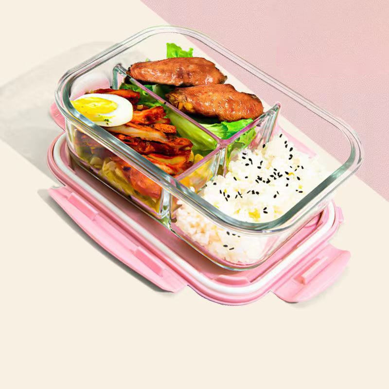 3 Grid Microwave Safe Large Capacity 1400ml Borosilicate Glass Lunch Box