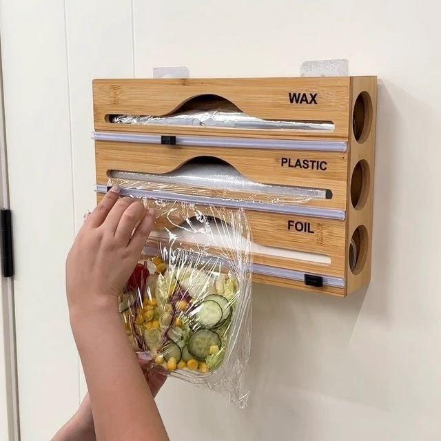 3-Layer Bamboo Wrap Dispenser with Slide Cutter – 33.2cm Organizer for Foil, Plastic, and Parchment Rolls Kitchen organiser Food Wrap Dispensers
