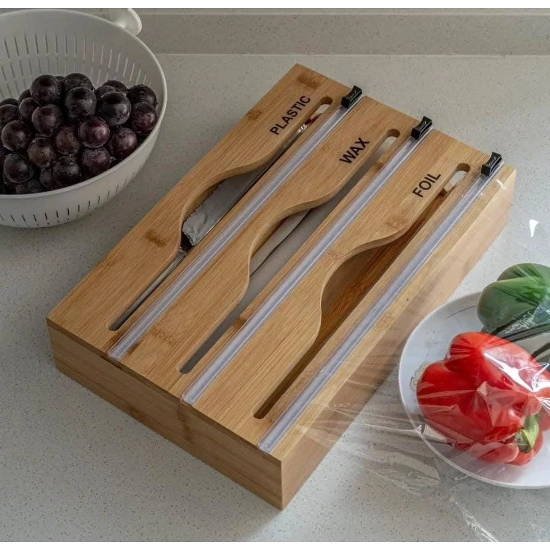 3-Layer Bamboo Wrap Dispenser with Slide Cutter – 33.2cm Organizer for Foil, Plastic, and Parchment Rolls Kitchen organiser Food Wrap Dispensers