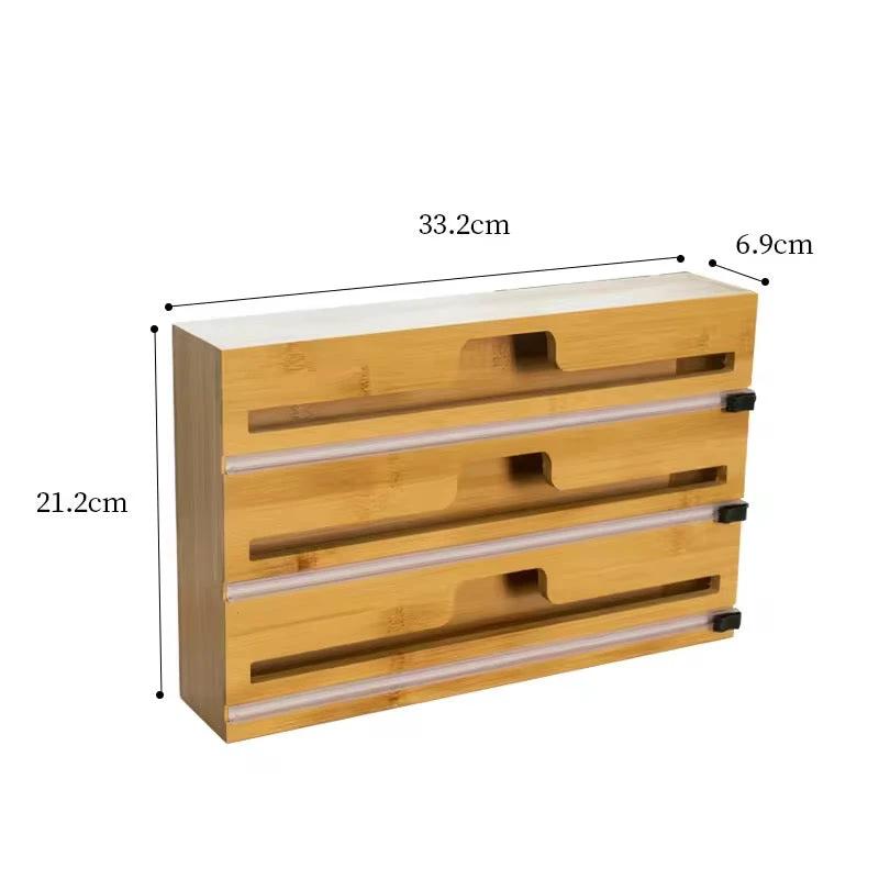 3-Layer Bamboo Wrap Dispenser with Slide Cutter – 33.2cm Organizer for Foil, Plastic, and Parchment Rolls Kitchen organiser Food Wrap Dispensers