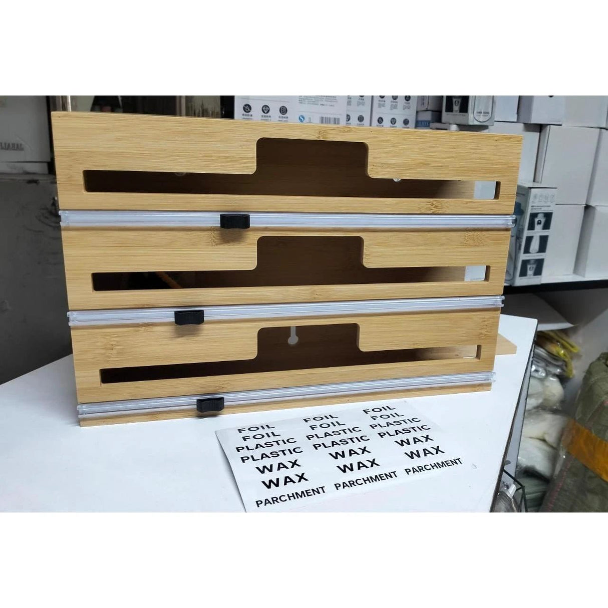 3-Layer Bamboo Wrap Dispenser with Slide Cutter – 33.2cm Organizer for Foil, Plastic, and Parchment Rolls Kitchen organiser Food Wrap Dispensers