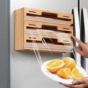3-Layer Bamboo Wrap Dispenser with Slide Cutter – 33.2cm Organizer for Foil, Plastic, and Parchment Rolls Kitchen organiser Food Wrap Dispensers