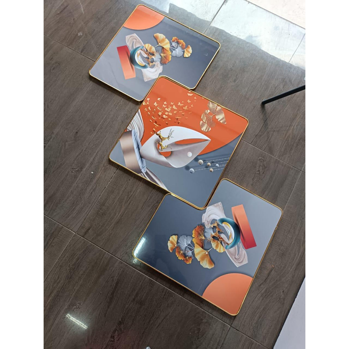 3 Piece 3D Abstract Art Crystal Porcelain Painting with Aluminum Alloy Frame 50x50cm