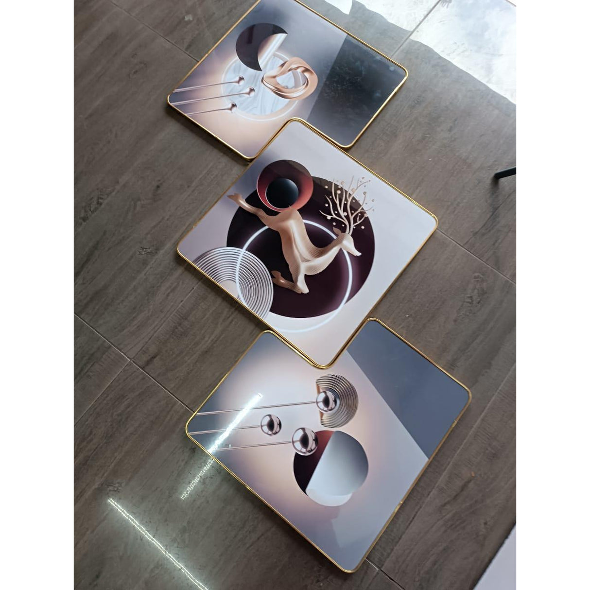 3 Piece 3D Abstract Art Crystal Porcelain Painting with Aluminum Alloy Frame 50x50cm