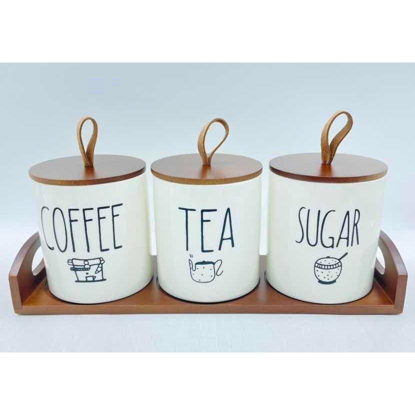 3 Piece Ceramic Canister Set with Airtight Lids and Bamboo Tray