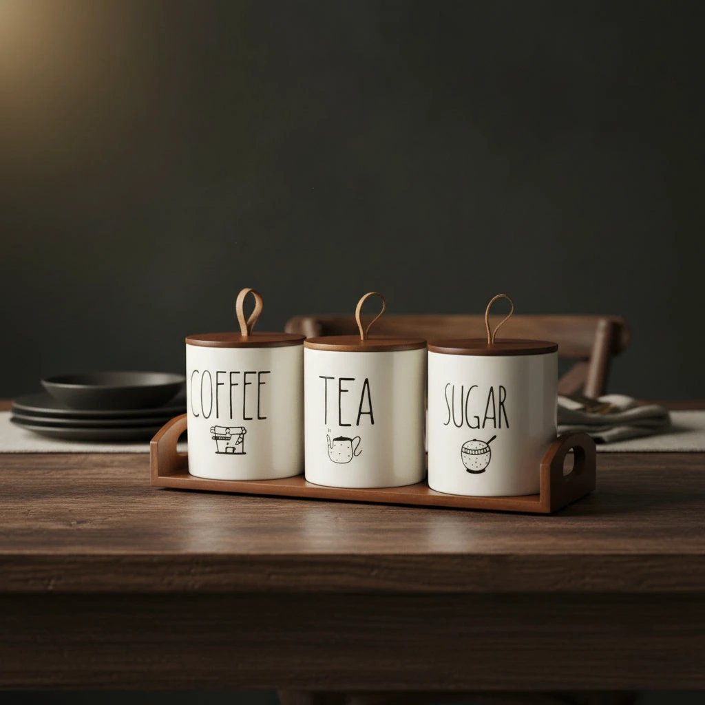 3 Piece Ceramic Canister Set with Airtight Lids and Bamboo Tray Storage canisters Food Storage Containers