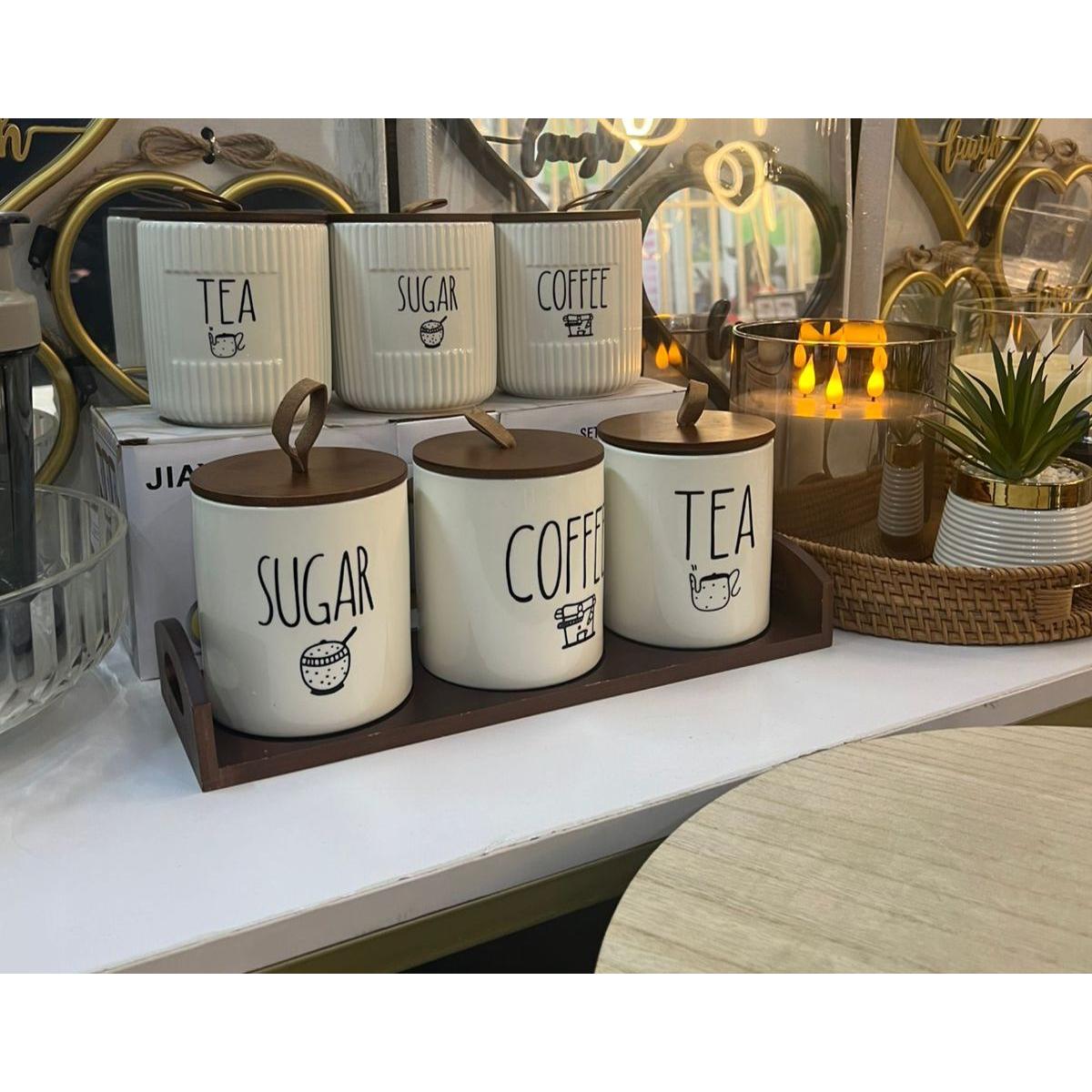 3 Piece Ceramic Canister Set with Airtight Lids and Bamboo Tray