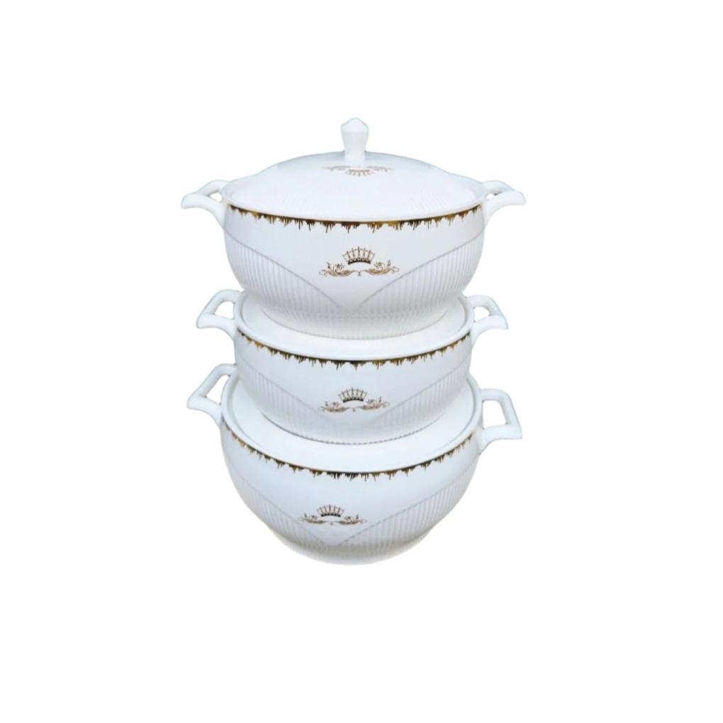 3 Piece Ceramic Soup Pot Set | Classic White Durable Ceramic Cookware | Microwave & Dishwasher Safe