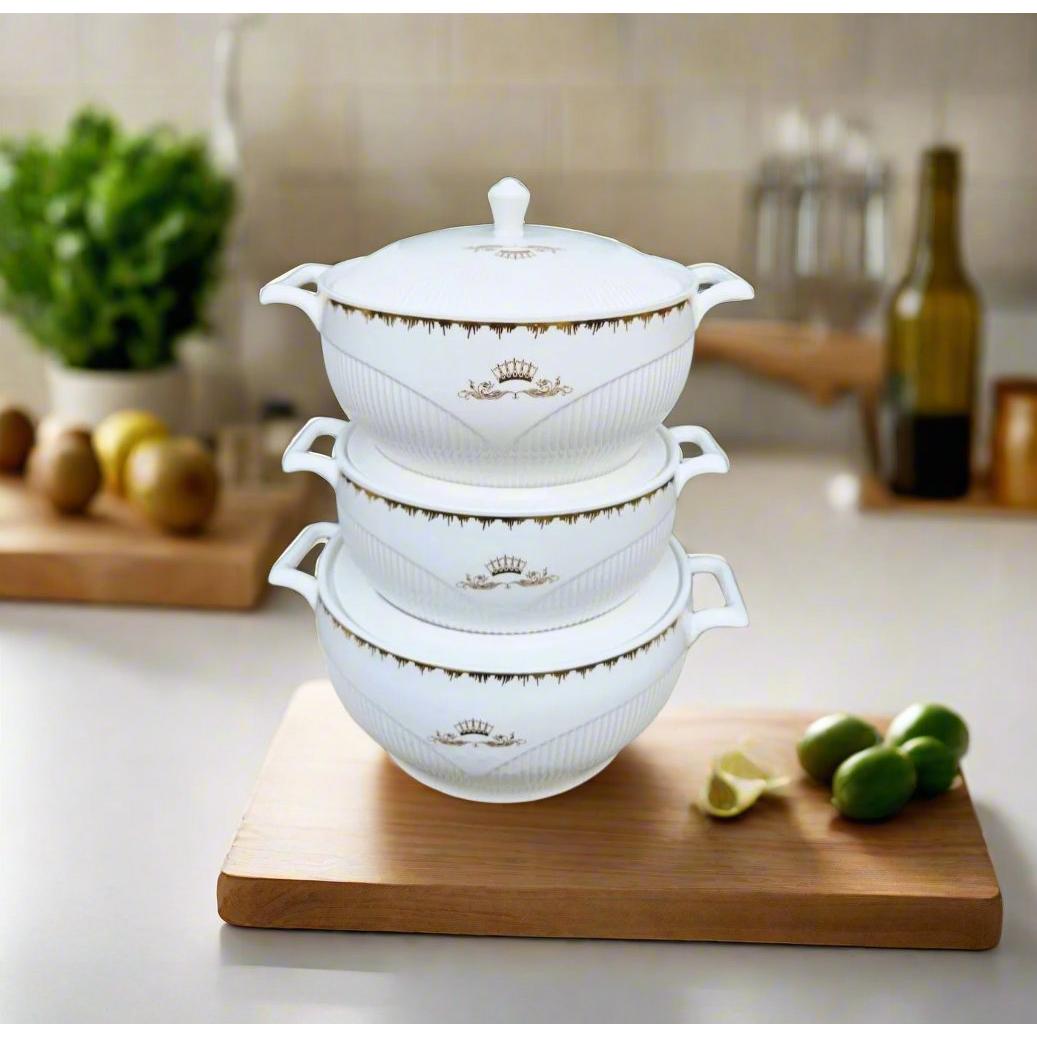 3 Piece Ceramic Soup Pot Set | Classic White Durable Ceramic Cookware | Microwave & Dishwasher Safe