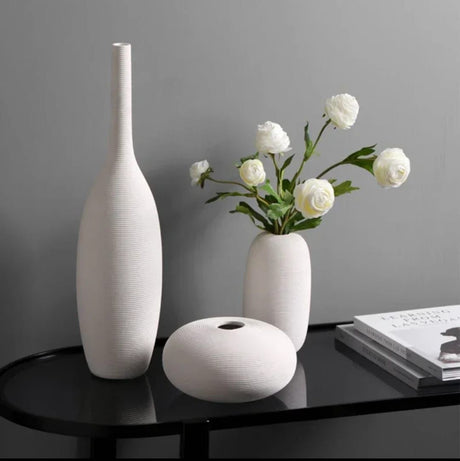 3 Piece Elegant White Ceramic Vase Set Minimalist Decorative Vases for Modern Interiors.