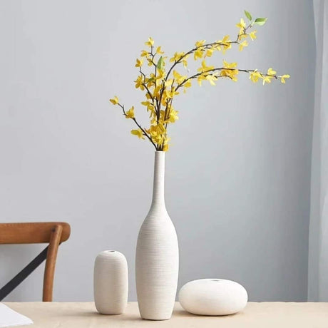 3 Piece Elegant White Ceramic Vase Set Minimalist Decorative Vases for Modern Interiors.