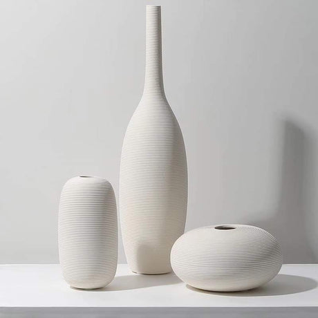 3 Piece Elegant White Ceramic Vase Set Minimalist Decorative Vases for Modern Interiors.