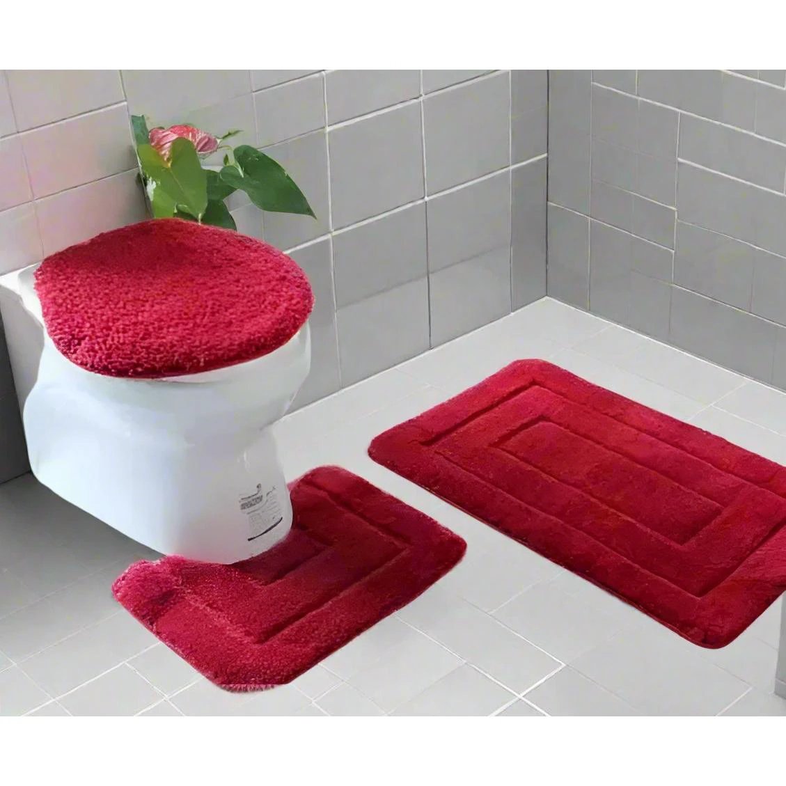 3 Piece Flocking Toilet Set | Includes Big Mat, Toilet Lid Cover, and Contoured Floor Mat | Decorative and Functional Bathroom Accessories Rugs And Carpets Toilets