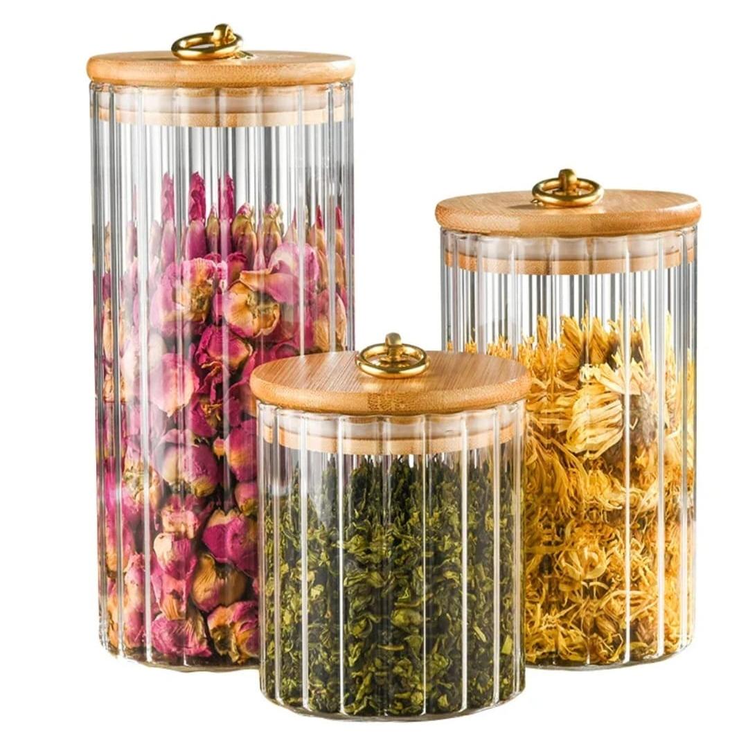 3-Piece Set Glass Storage Jars with Airtight Bamboo Lids | Candy, Cookies, Pasta, Nuts, Oatmeal | Ideal for Coffee Bar & Kitchen