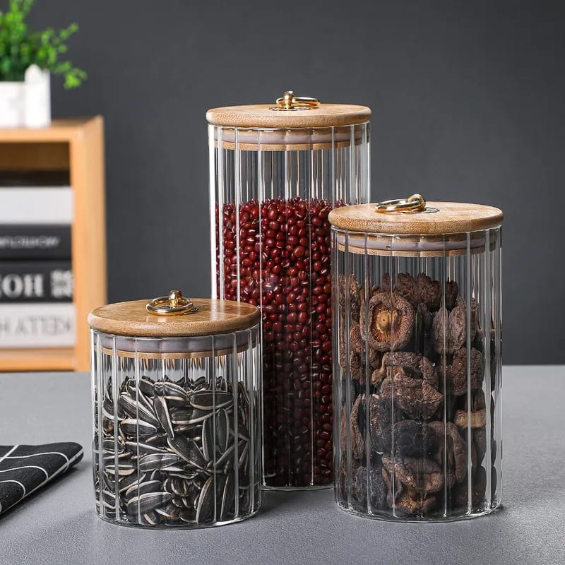 3-Piece Set Glass Storage Jars with Airtight Bamboo Lids | Candy, Cookies, Pasta, Nuts, Oatmeal | Ideal for Coffee Bar & Kitchen